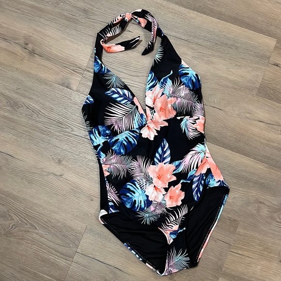 DKNY Women's Halter Shirred Swimsuit - Tropical Black Coral Size S